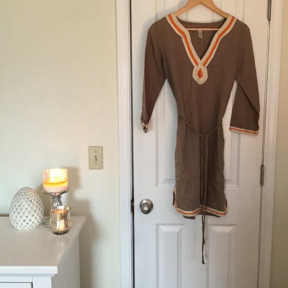 Lucky brand linen taupe & orange embroidered dress